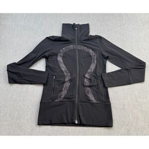 Lululemon Jacket Womens 4 Black Full Zip High Neck Thumbholes Stretch *Read Flaw